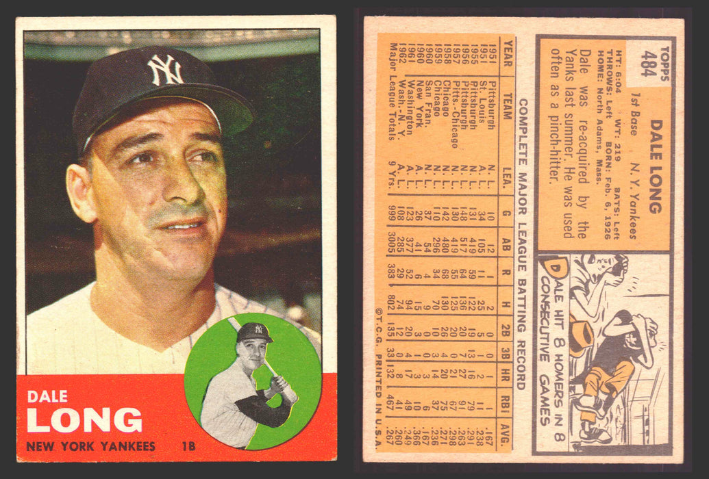 1963 Topps Baseball Trading Card You Pick Singles #400-#499 VG/EX #	484 Dale Long - New York Yankees SP  - TvMovieCards.com