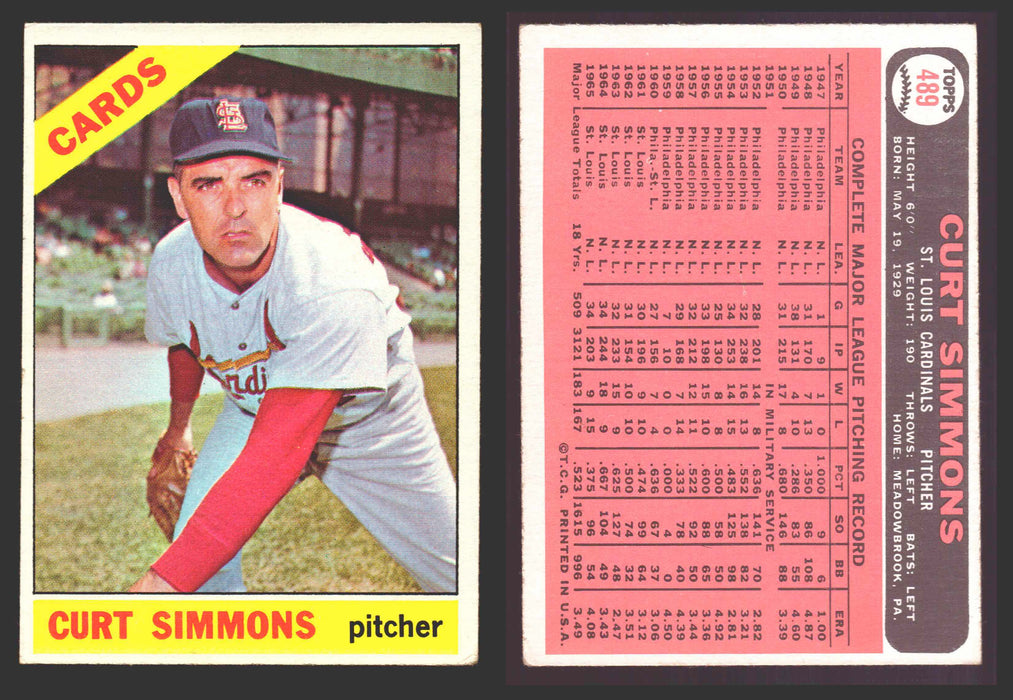 1966 Topps Baseball Trading Card You Pick Singles #400-#598VG/EX #	489 Curt Simmons - St. Louis Cardinals  - TvMovieCards.com