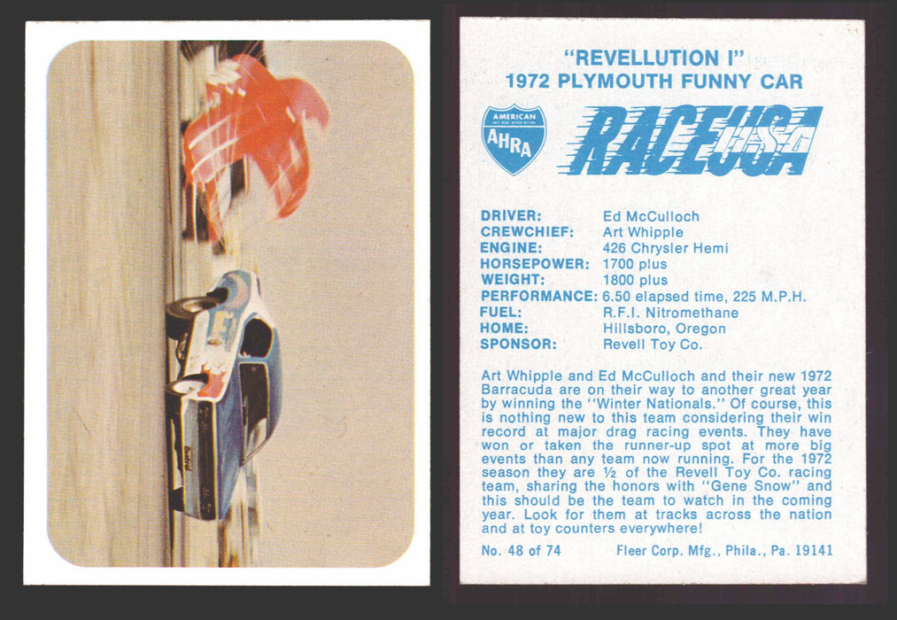 Race USA AHRA Drag Champs 1973 Fleer Vintage Trading Cards You Pick Singles 48 of 74   "Revellution I"  - TvMovieCards.com
