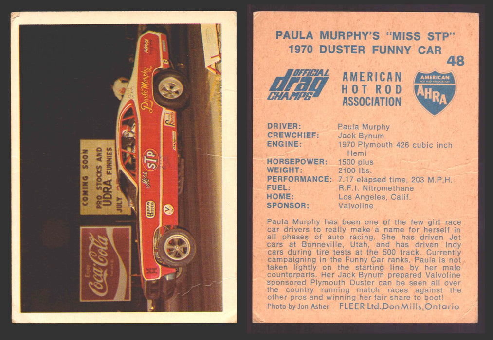 AHRA Official Drag Champs 1971 Fleer Canada Trading Cards You Pick Singles #1-63 48   Paula Murphy's "Miss STP"                        1970 Duster Funny Car (creased)  - TvMovieCards.com