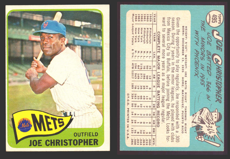 1965 Topps Baseball Trading Card You Pick Singles #400-#499 VG/EX #	495 Joe Christopher - New York Mets  - TvMovieCards.com