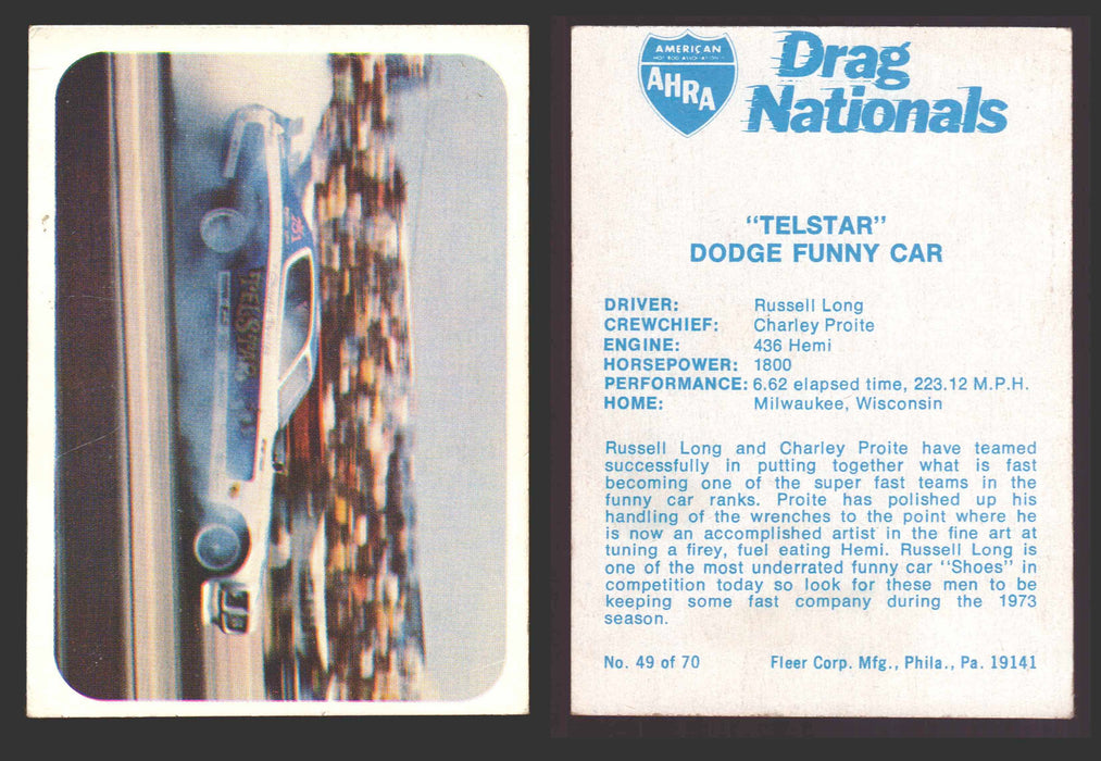 AHRA Drag Nationals 1971 Fleer USA White Trading Cards You Pick Singles #1-70 49 of 70   "Telstar"                       Dodge Funny Car  - TvMovieCards.com