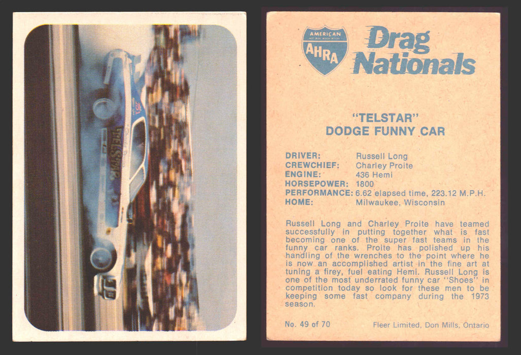 AHRA Drag Nationals 1971 Fleer Canada Trading Cards You Pick Singles #1-70 49 of 70   "Telstar"                       Dodge Funny Car  - TvMovieCards.com
