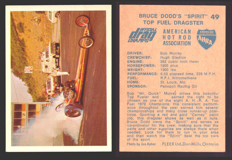 AHRA Official Drag Champs 1971 Fleer Canada Trading Cards You Pick Singles #1-63 49   Bruce Dodd's "Spirit"                            Top Fuel Dragster  - TvMovieCards.com