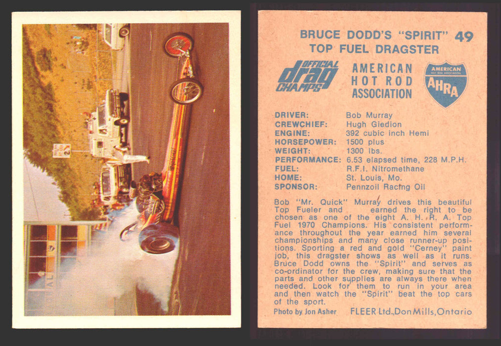 AHRA Official Drag Champs 1971 Fleer Canada Trading Cards You Pick Singles #1-63 49   Bruce Dodd's "Spirit"                            Top Fuel Dragster  - TvMovieCards.com