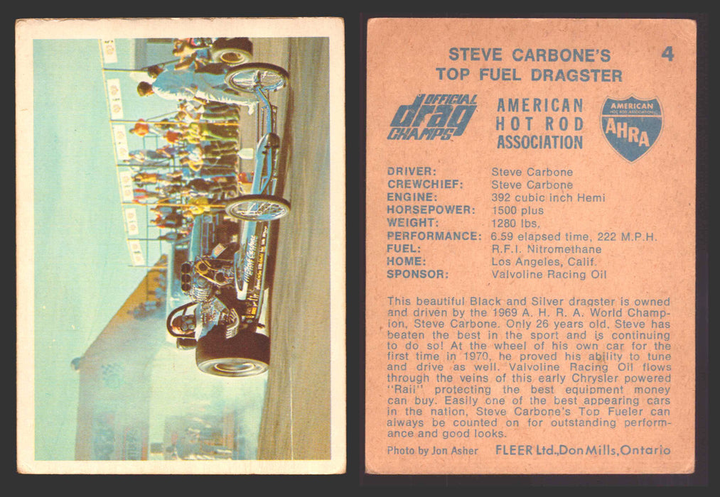 AHRA Official Drag Champs 1971 Fleer Canada Trading Cards You Pick Singles #1-63 4   Steve Carbone's                                  Top Fuel Dragster  - TvMovieCards.com