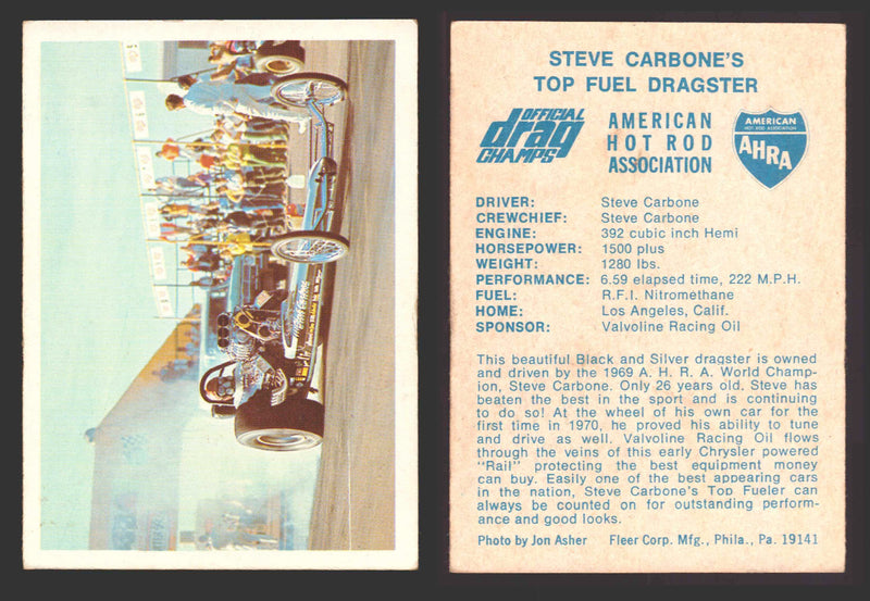 AHRA Official Drag Champs 1971 Fleer Vintage Trading Cards You Pick Singles #1-6 4 Steve Carbone's Top Fuel Dragster - TvMovieCards.com