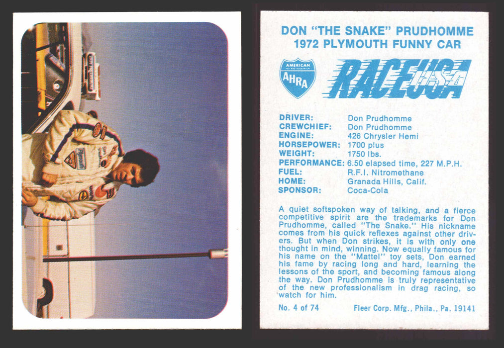 Race USA AHRA Drag Champs 1973 Fleer Vintage Trading Cards You Pick Singles 4 of 74    Don "The Snake" Prudhomme  - TvMovieCards.com
