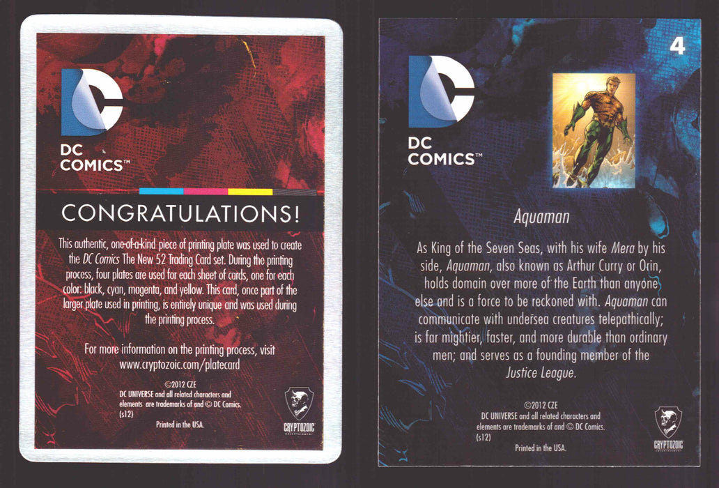 2012 DC Comics The New 52 Base Card Printing Plate 1/1 #4 Aqua Man Yellow   - TvMovieCards.com