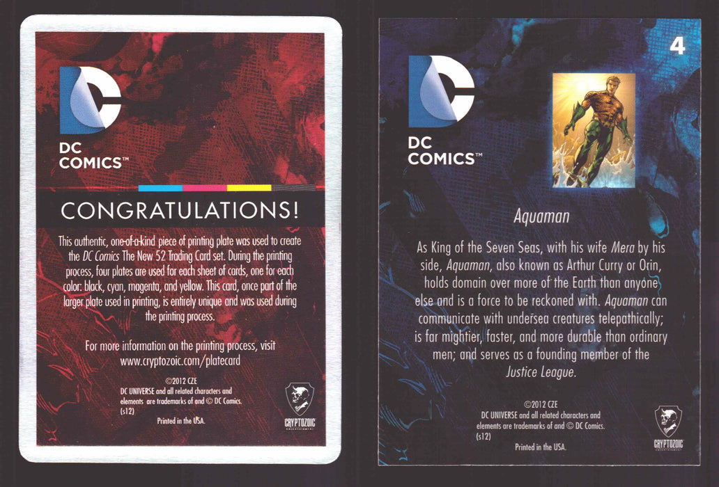 2012 DC Comics The New 52 Base Card Printing Plate 1/1 #4 Aqua Man Magenta   - TvMovieCards.com