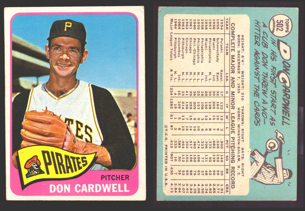 1965 Topps Baseball Trading Card You Pick Singles #500-#598 VG/EX #	502 Don Cardwell - Pittsburgh Pirates  - TvMovieCards.com