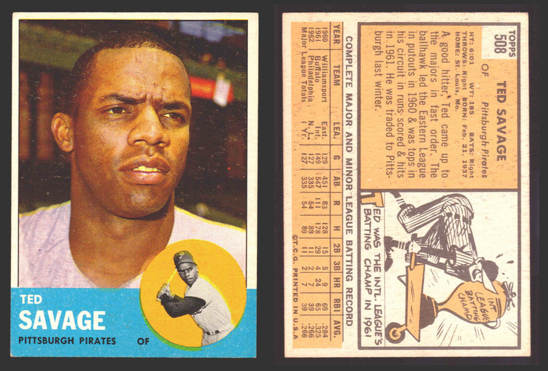 1963 Topps Baseball Trading Card You Pick Singles #500-#599 VG/EX #	508 Ted Savage - Pittsburgh Pirates  - TvMovieCards.com