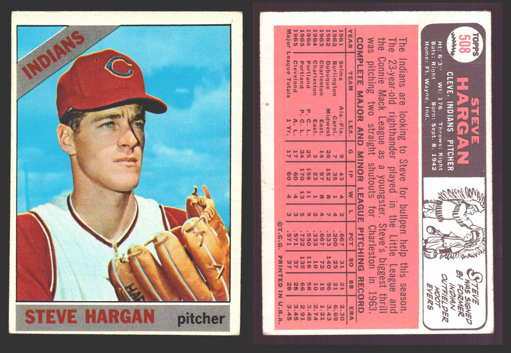 1966 Topps Baseball Trading Card You Pick Singles #400-#598VG/EX #	508 Steve Hargan - Cleveland Indians RC (creased)  - TvMovieCards.com