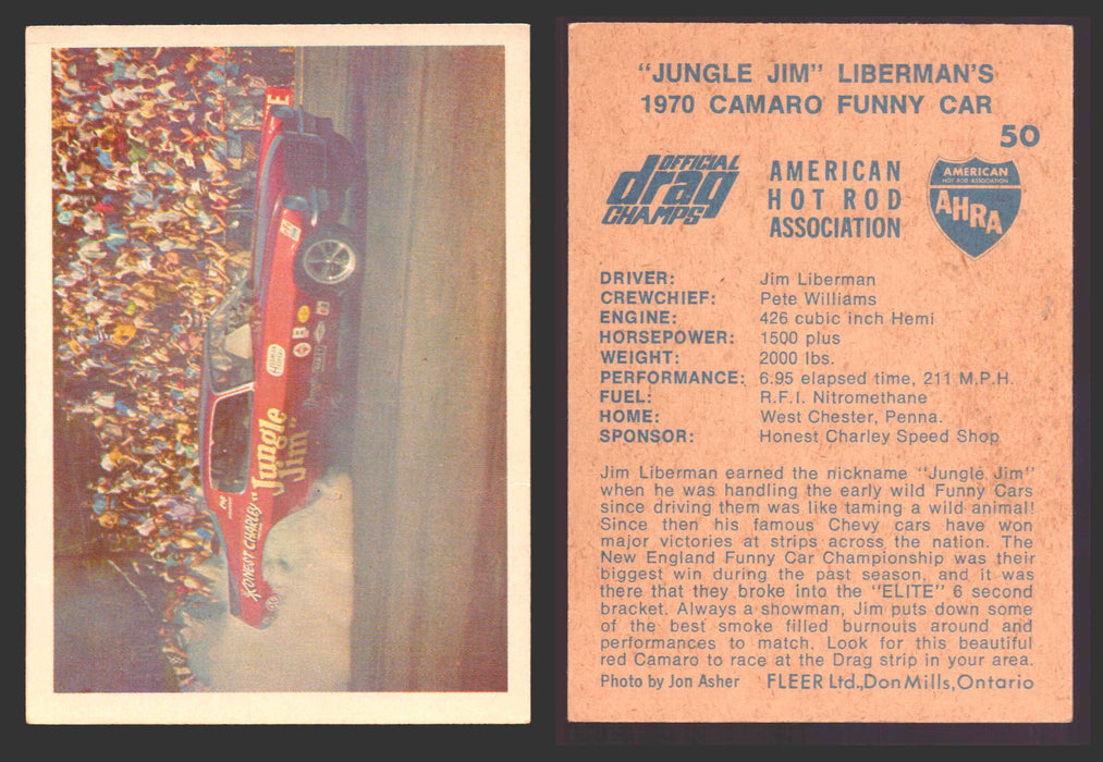 AHRA Official Drag Champs 1971 Fleer Canada Trading Cards You Pick Singles #1-63 50   "Jungle Jim" Liberman's                          1970 Camaro Funny Car  - TvMovieCards.com