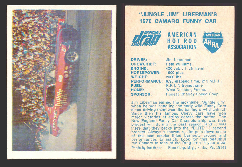 AHRA Official Drag Champs 1971 Fleer Vintage Trading Cards You Pick Singles #1-63 50   "Jungle Jim" Liberman's                          1970 Camaro Funny Car  - TvMovieCards.com