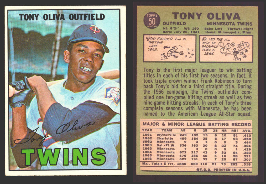 1967 Topps Baseball Trading Card You Pick Singles #1-#99 VG/EX #	50 Tony Oliva - Minnesota Twins  - TvMovieCards.com