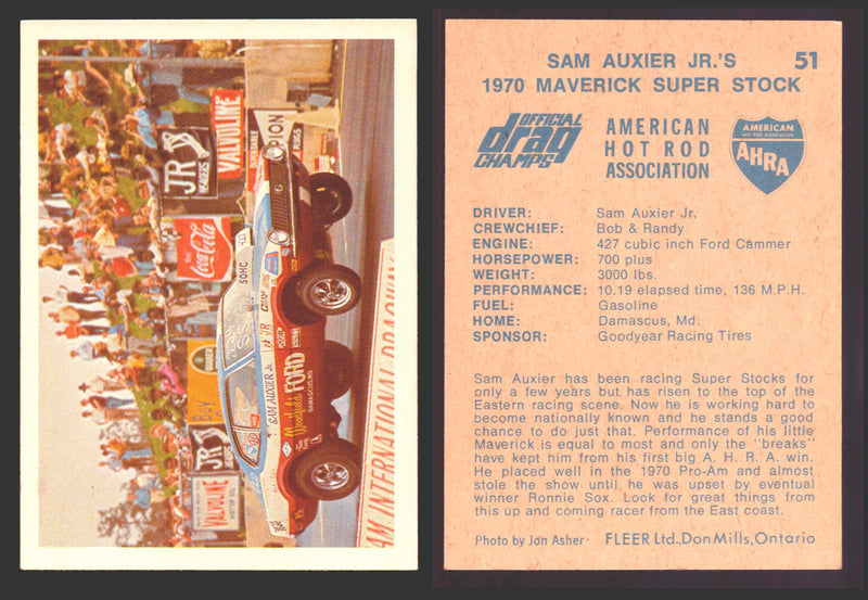 AHRA Official Drag Champs 1971 Fleer Canada Trading Cards You Pick Singles #1-63 51   Sam Auxier Jr.'s                                1970 Maverick Super Stock  - TvMovieCards.com