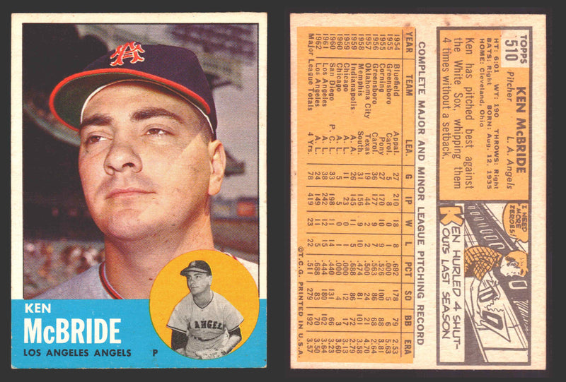 1963 Topps Baseball Trading Card You Pick Singles #500-#599 VG/EX #	510 Ken McBride - Los Angeles Angels  - TvMovieCards.com