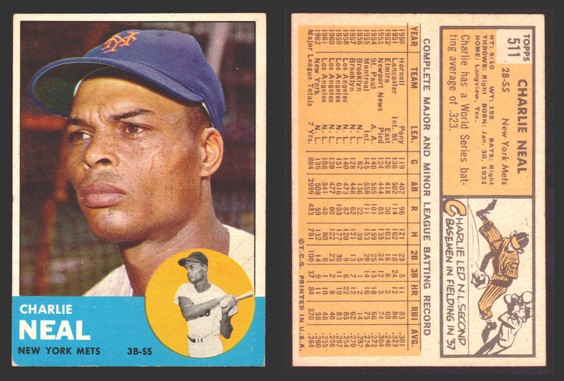 1963 Topps Baseball Trading Card You Pick Singles #500-#599 VG/EX #	511 Charlie Neal - New York Mets  - TvMovieCards.com