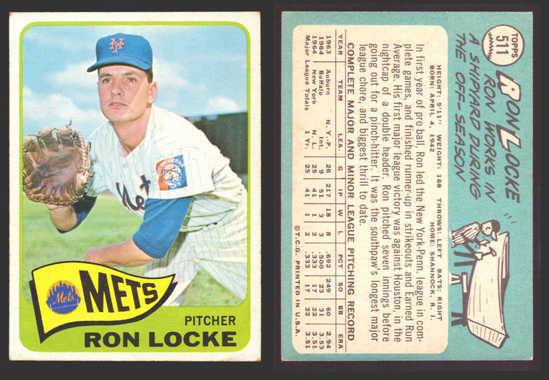 1965 Topps Baseball Trading Card You Pick Singles #500-#598 VG/EX #	511 Ron Locke - New York Mets  - TvMovieCards.com