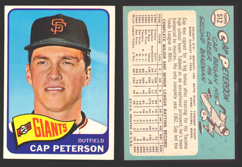 1965 Topps Baseball Trading Card You Pick Singles #500-#598 VG/EX #	512 Cap Peterson - San Francisco Giants  - TvMovieCards.com