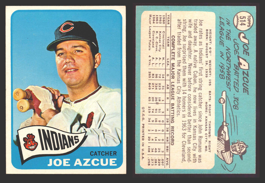 1965 Topps Baseball Trading Card You Pick Singles #500-#598 VG/EX #	514 Joe Azcue - Cleveland Indians  - TvMovieCards.com