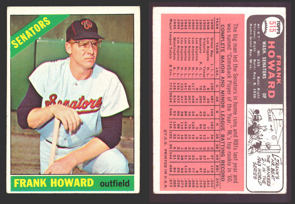 1966 Topps Baseball Trading Card You Pick Singles #400-#598VG/EX #	515 Frank Howard - Washington Senators  - TvMovieCards.com