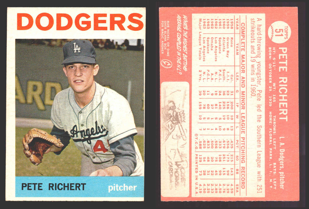 1964 Topps Baseball Trading Card You Pick Singles #1-#99 VG/EX #	51 Pete Richert - Los Angeles Dodgers  - TvMovieCards.com