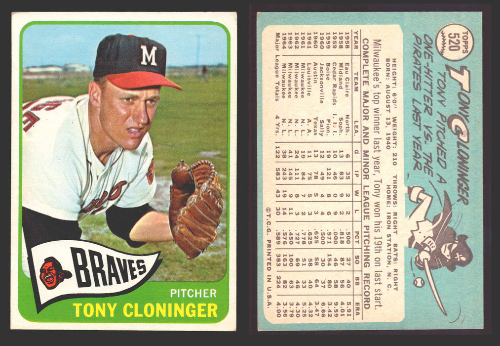1965 Topps Baseball Trading Card You Pick Singles #500-#598 VG/EX #	520 Tony Cloninger - Milwaukee Braves  - TvMovieCards.com