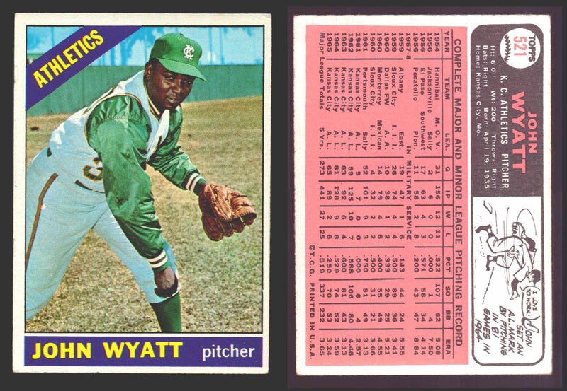 1966 Topps Baseball Trading Card You Pick Singles #400-#598VG/EX #	521 John Wyatt - Kansas City Athletics  - TvMovieCards.com