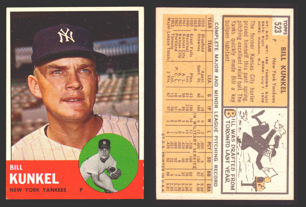 1963 Topps Baseball Trading Card You Pick Singles #500-#599 VG/EX #	523 Bill Kunkel - New York Yankees  - TvMovieCards.com