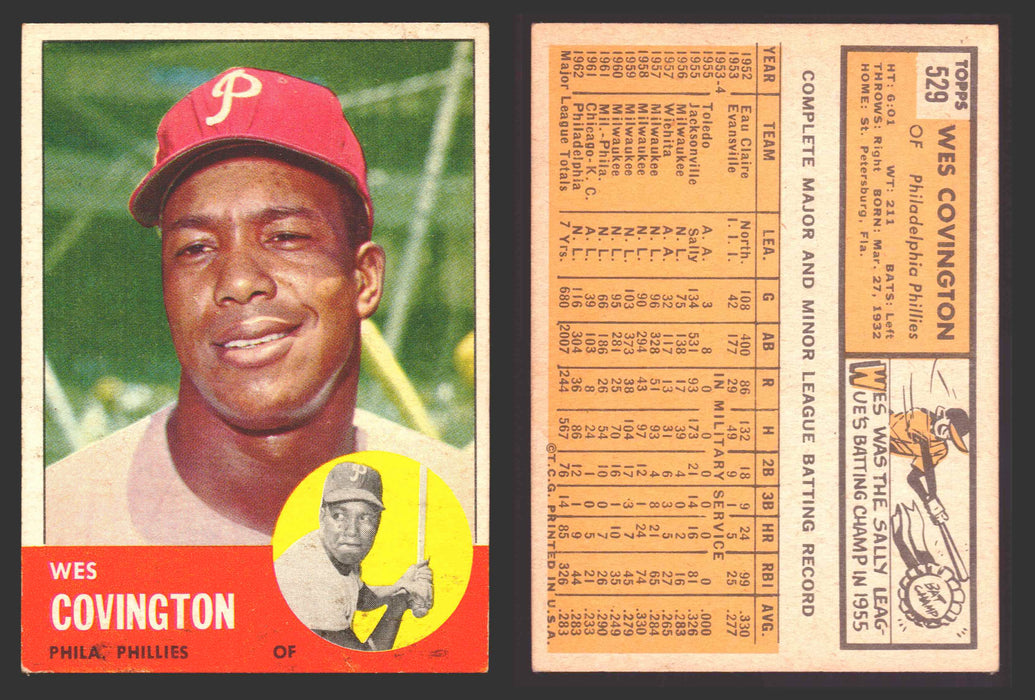1963 Topps Baseball Trading Card You Pick Singles #500-#599 VG/EX #	529 Wes Covington - Philadelphia Phillies  - TvMovieCards.com