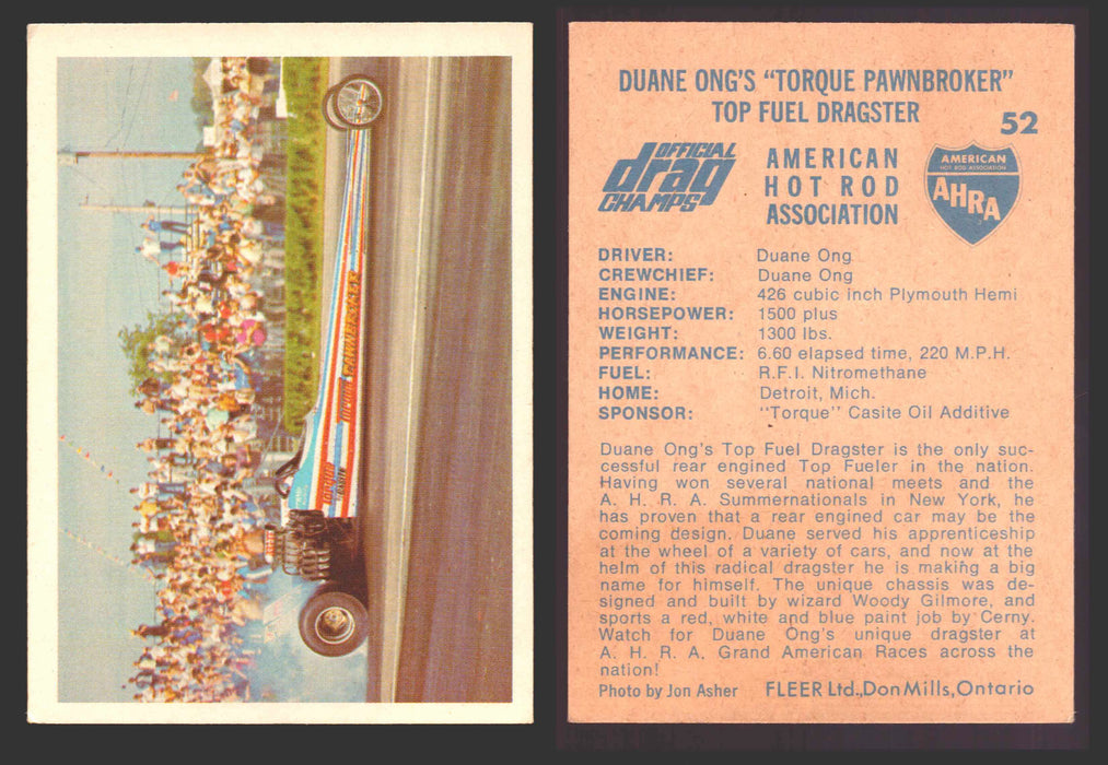 AHRA Official Drag Champs 1971 Fleer Canada Trading Cards You Pick Singles #1-63 52   Duane Ong's "Torque Pawnbroker"                  Top Fuel Dragster  - TvMovieCards.com
