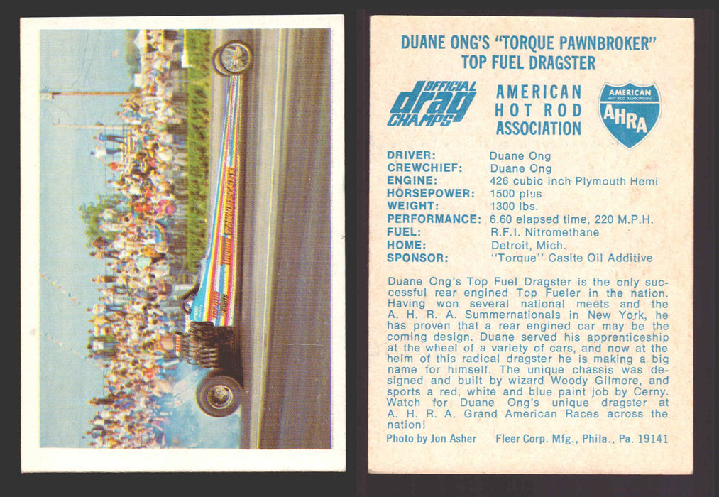 AHRA Official Drag Champs 1971 Fleer Vintage Trading Cards You Pick Singles #1-63 52   Duane Ong's "Torque Pawnbroker"                  Top Fuel Dragster  - TvMovieCards.com