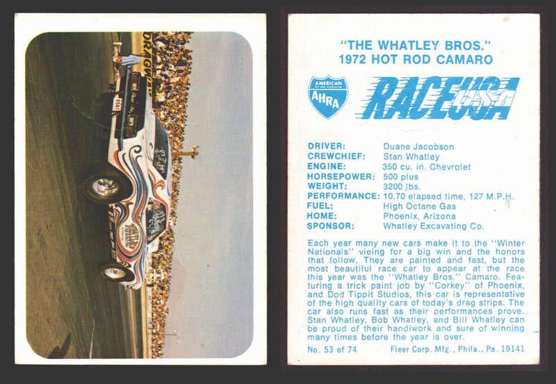 Race USA AHRA Drag Champs 1973 Fleer Vintage Trading Cards You Pick Singles 53 of 74   "The Whatley Bros."  - TvMovieCards.com