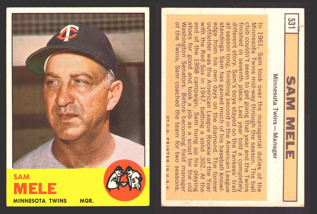 1963 Topps Baseball Trading Card You Pick Singles #500-#599 VG/EX #	531 Sam Mele - Minnesota Twins  - TvMovieCards.com