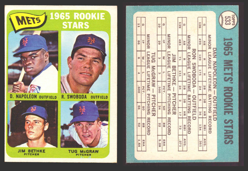 1965 Topps Baseball Trading Card You Pick Singles #500-#598 VG/EX #	533 Mets Rookies - Dan Napoleon / Ron Swoboda / Jim Bethke / Tug McGraw RC SP  - TvMovieCards.com