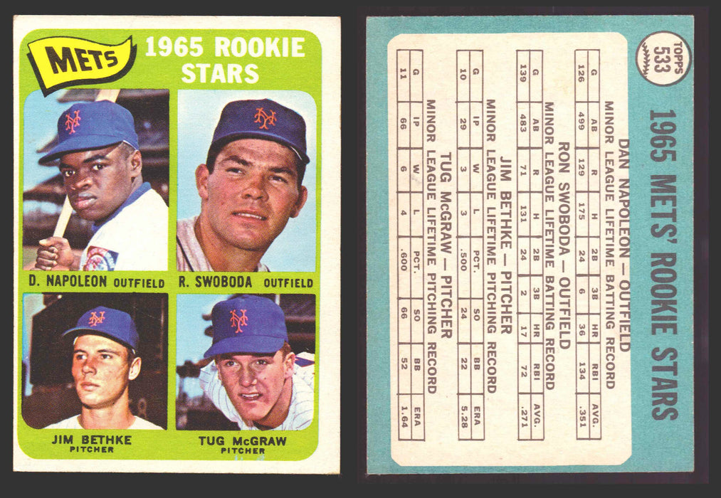 1965 Topps Baseball Trading Card You Pick Singles #500-#598 VG/EX #	533 Mets Rookies - Dan Napoleon / Ron Swoboda / Jim Bethke / Tug McGraw RC SP  - TvMovieCards.com