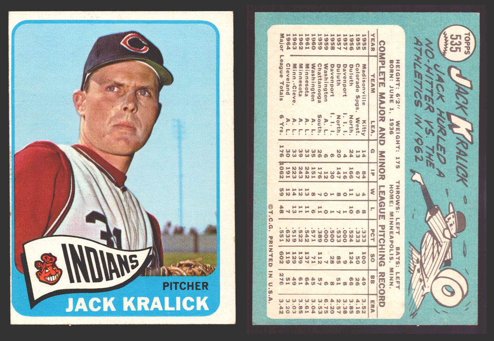 1965 Topps Baseball Trading Card You Pick Singles #500-#598 VG/EX #	535 Jack Kralick - Cleveland Indians SP  - TvMovieCards.com