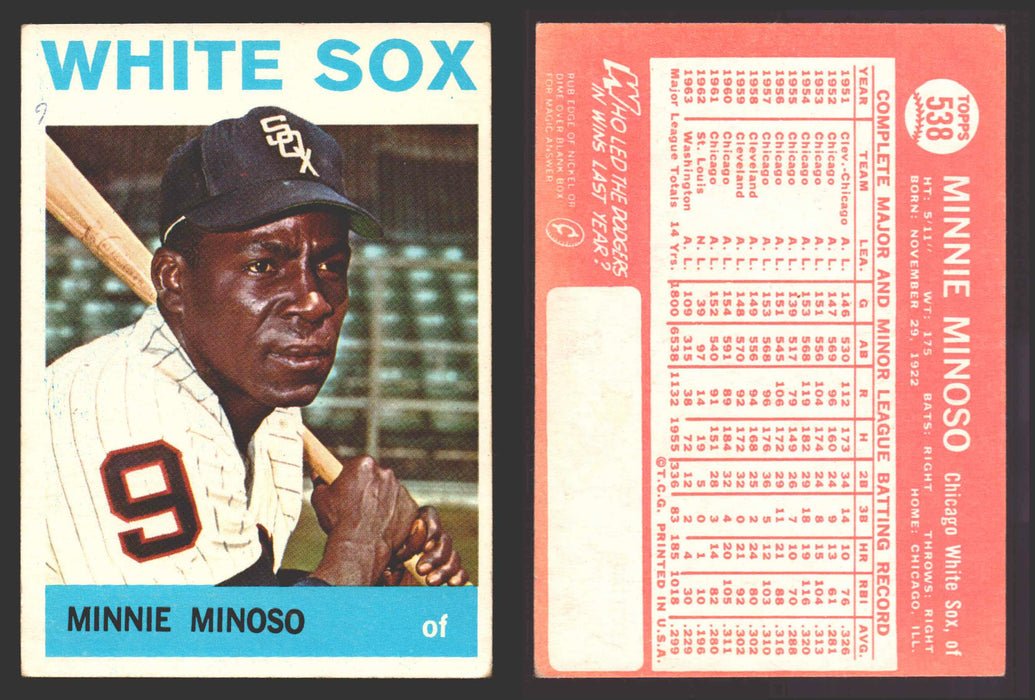 1964 Topps Baseball Trading Card You Pick Singles #300-#587 G/VG/EX #	538 Minnie Minoso - Chicago White Sox  - TvMovieCards.com