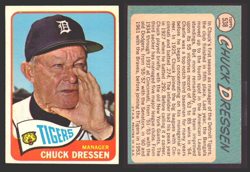 1965 Topps Baseball Trading Card You Pick Singles #500-#598 VG/EX #	538 Chuck Dressen - Detroit Tigers SP  - TvMovieCards.com