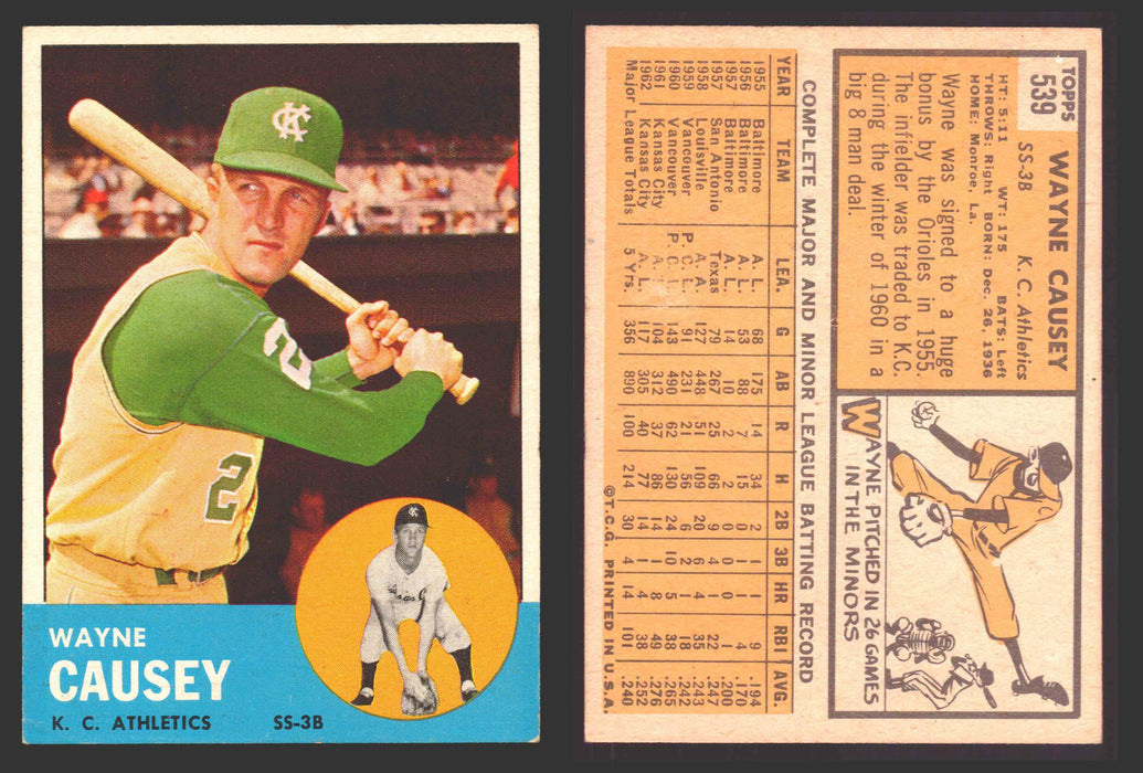 1963 Topps Baseball Trading Card You Pick Singles #500-#599 VG/EX #	539 Wayne Causey - Kansas City Athletics  - TvMovieCards.com