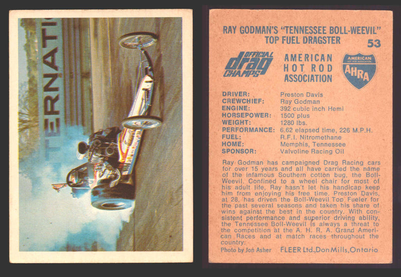 AHRA Official Drag Champs 1971 Fleer Canada Trading Cards You Pick Singles #1-63 53   Ray Godman's "Tennessee Boll-Weevil"             Top Fuel Dragster  - TvMovieCards.com