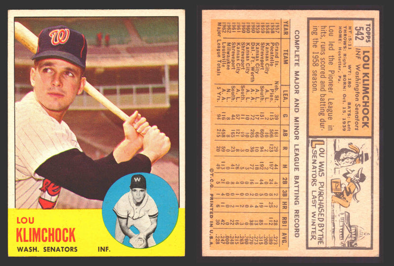 1963 Topps Baseball Trading Card You Pick Singles #500-#599 VG/EX #	542 Lou Klimchock - Washington Senators  - TvMovieCards.com
