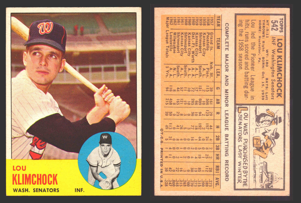 1963 Topps Baseball Trading Card You Pick Singles #500-#599 VG/EX #	542 Lou Klimchock - Washington Senators  - TvMovieCards.com