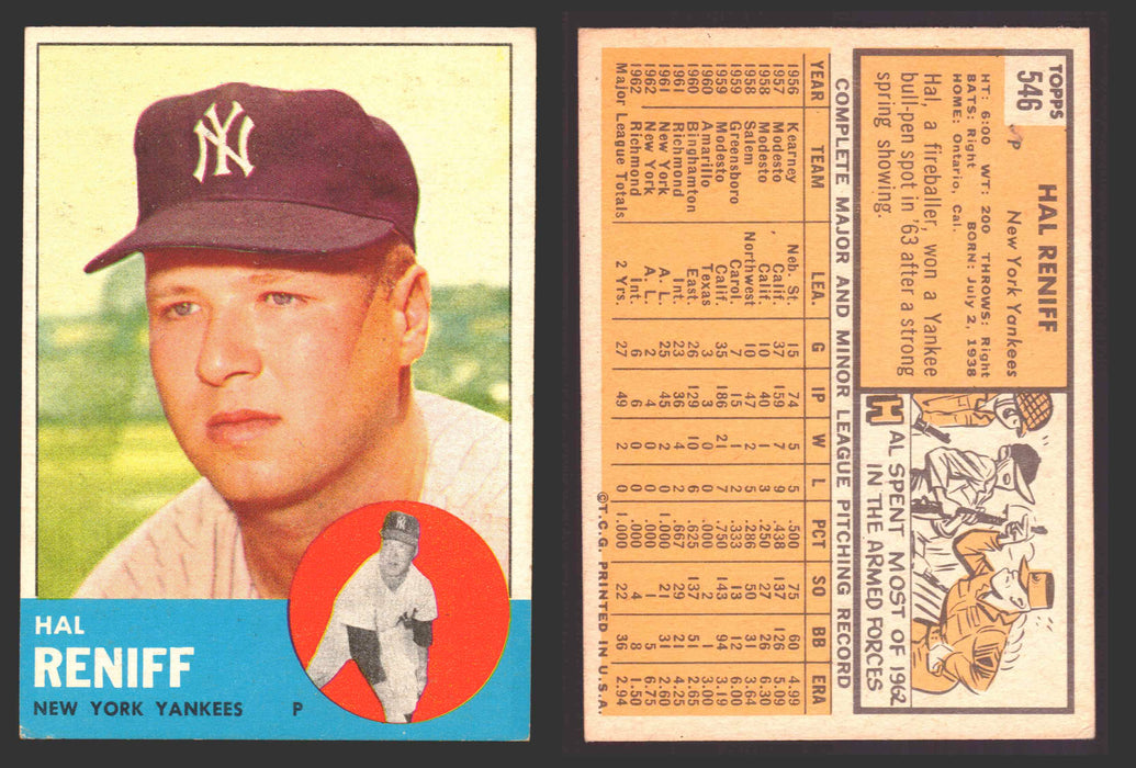 1963 Topps Baseball Trading Card You Pick Singles #500-#599 VG/EX #	546 Hal Reniff - New York Yankees  - TvMovieCards.com