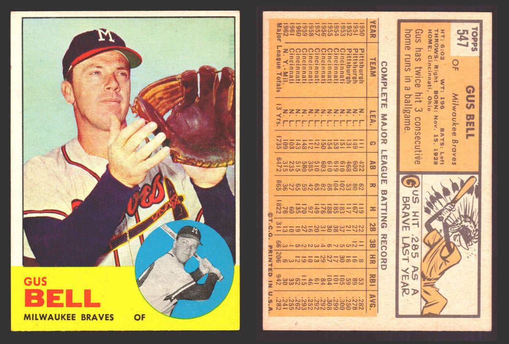 1963 Topps Baseball Trading Card You Pick Singles #500-#599 VG/EX #	547 Gus Bell - Milwaukee Braves  - TvMovieCards.com