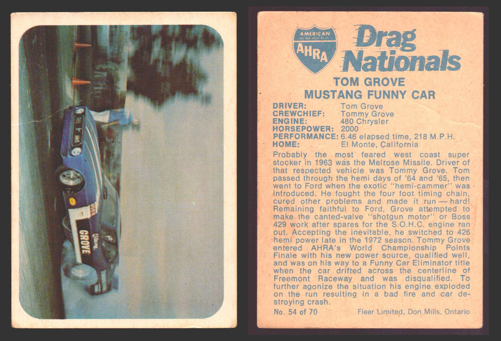 AHRA Drag Nationals 1971 Fleer Canada Trading Cards You Pick Singles #1-70 54 of 70   Tom Grove                       Mustang Funny Car  - TvMovieCards.com