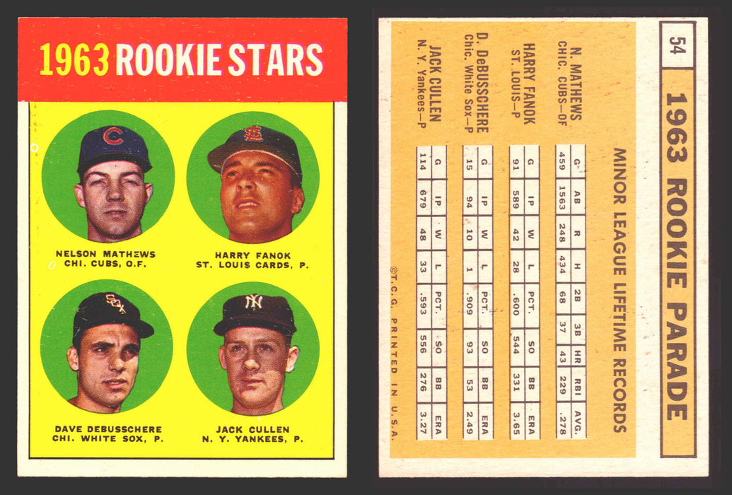 1963 Topps Baseball Trading Card You Pick Singles #1-#99 VG/EX #	54 1963 Rookie Stars - Nelson Mathews / Harry Fanok / Dave DeBusschere / Jack Cullen RC  - TvMovieCards.com