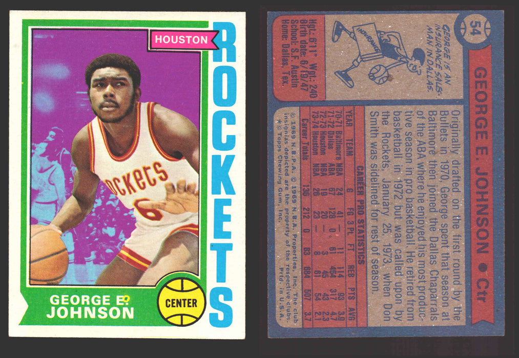 1974-75 Topps Basketball Trading Card You Pick Singles #1-#99 VG/EX #	54 George E. Johnson - Houston Rockets  - TvMovieCards.com